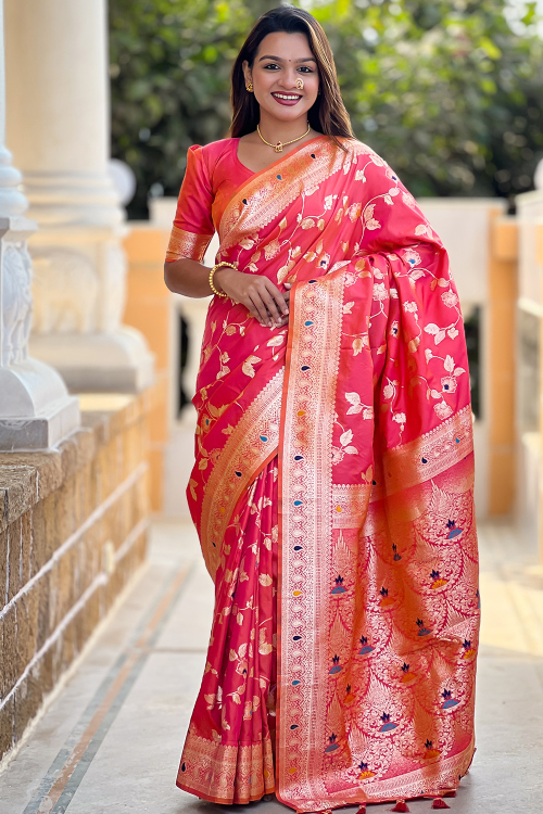 Silk Blend Coral Pink Weaved Festival Wear Saree