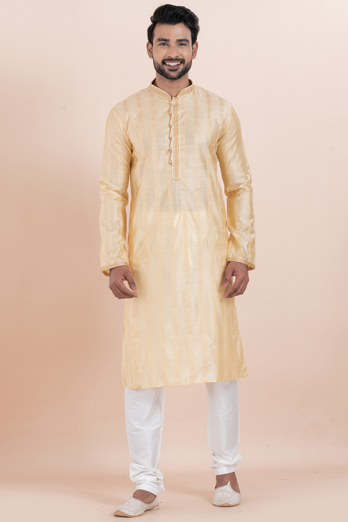 Silk Blend Cream Kurta Churidar with Zari Work