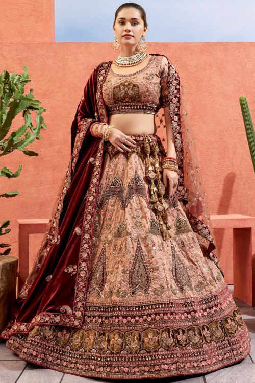 Silk Blend Dusty Peach Panelled Embroidered Lehenga