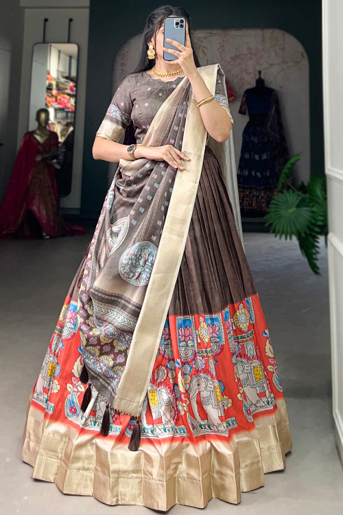 Silk Blend Grey Lehenga with Zari Work for Diwali