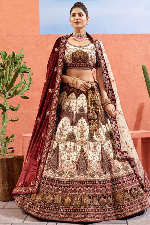 Silk Blend Light Beige Panelled Style Embroidered Lehenga