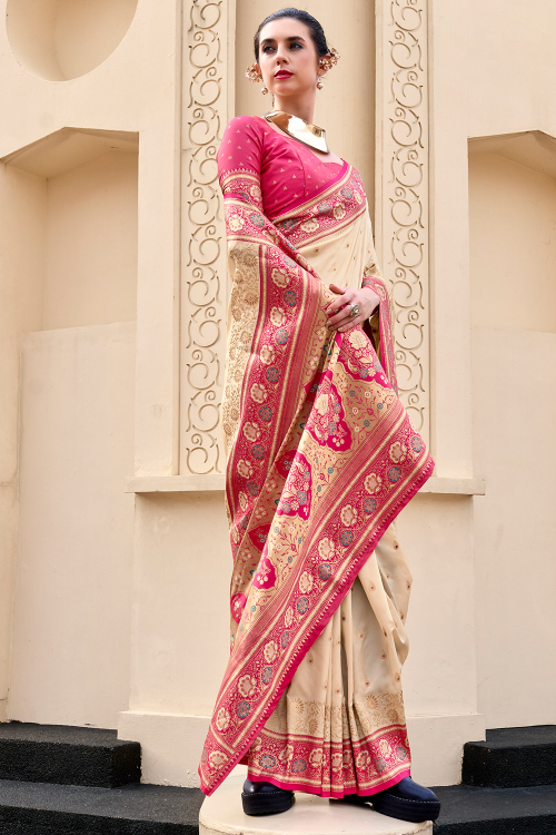 Silk Blend Light Beige Saree With Weaved Work For Sangeet