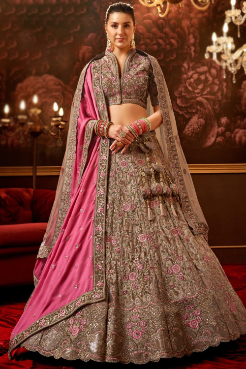 Silk Blend Light Brown Panelled Embroidered Lehenga