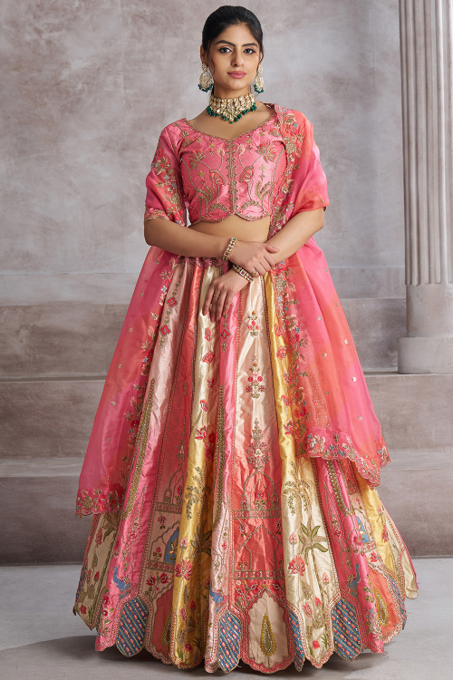 Silk Blend Multi Color Embroidered Panelled Style Lehenga