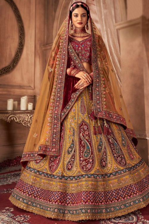 Silk Blend Mustard Yellow Panelled Embroidered Lehenga