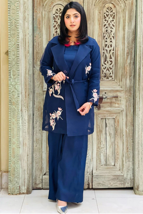 Silk Blend Navy Blue Jacket Trouser Suit with Zari for New Year