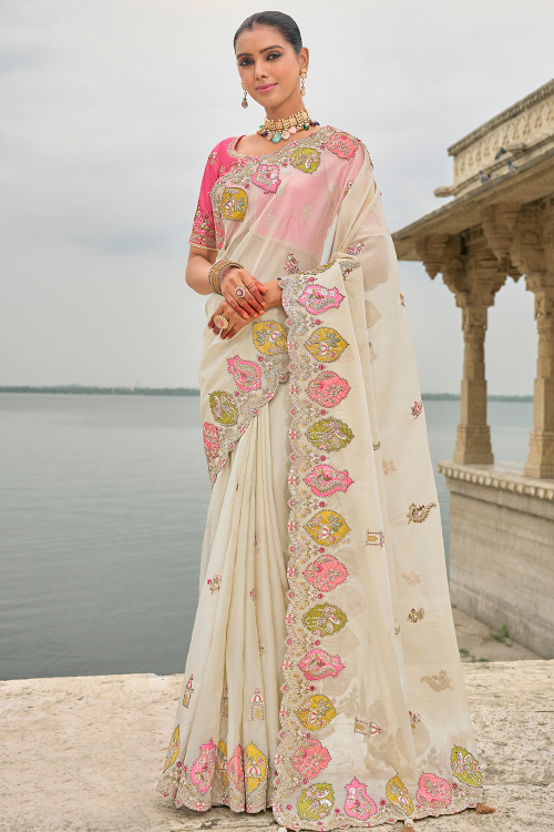 Silk Blend Off White Embroidered Heavy Saree