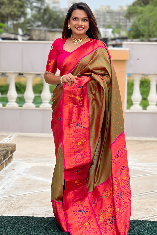 Silk Blend Olive Brown Weaved Paithani Saree
