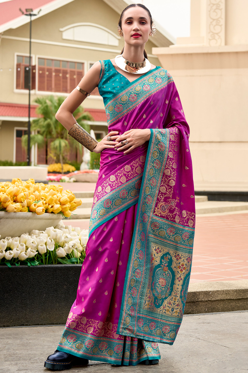 Silk Blend Purple Saree With Weaved Work For Sangeet