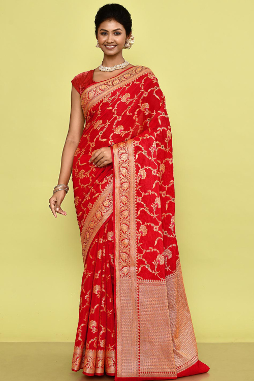 Silk Blend Red Saree With Weaved Work For Festival