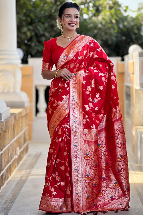 Silk Blend Red Weaved Festival Wear Saree