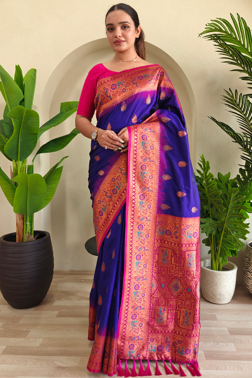 Silk Blend Royal Blue Paithani Saree With Weaved Work