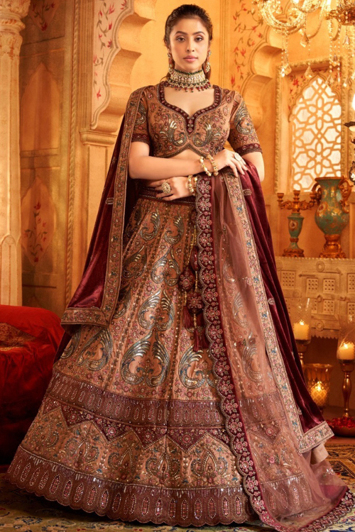 Silk Blend Salmon Peach Panelled Embroidered Lehenga 