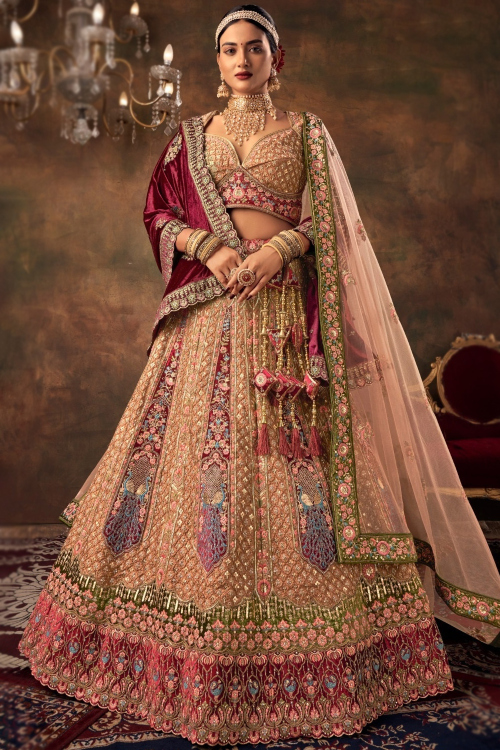 Silk Blend Salmon Peach Panelled Style Embroidered Lehenga