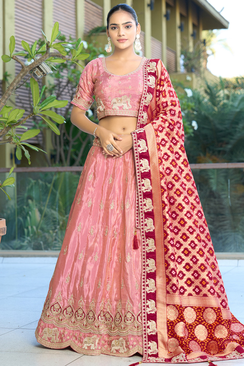 Silk Blend Salmon Pink Lehenga with Zari Work for Wedding