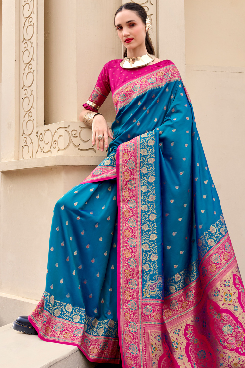 Silk Blend Sea Blue Saree With Weaved Work For Diwali 