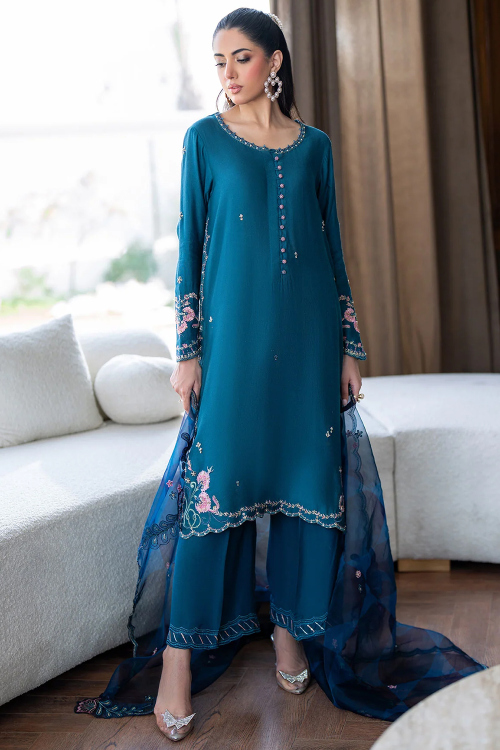 Silk Blend Sea Blue Straight Pants Salwar Kameez with Zari Work for Diwali