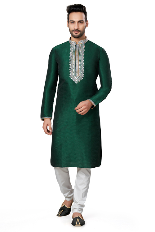 Silk Bottle Green Embroidered Men's Straight Cut Kurta Pajama