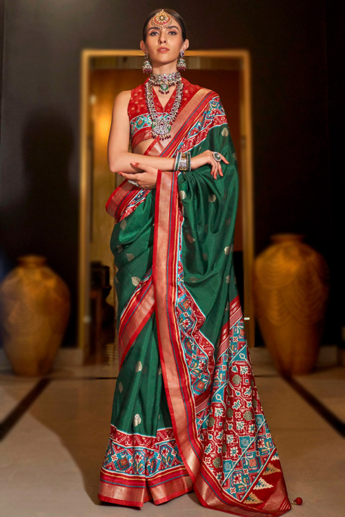 Silk Bottle Green Patola Printed Saree