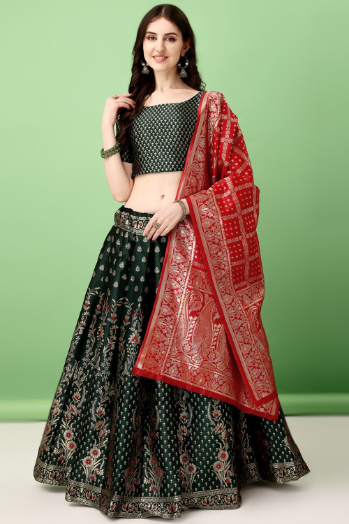 Silk Bottle Green Woven Zari Panelled Style Lehenga