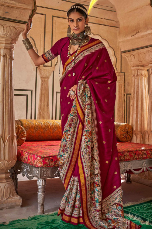 Silk Brick Red Printed Madhubani Saree 
