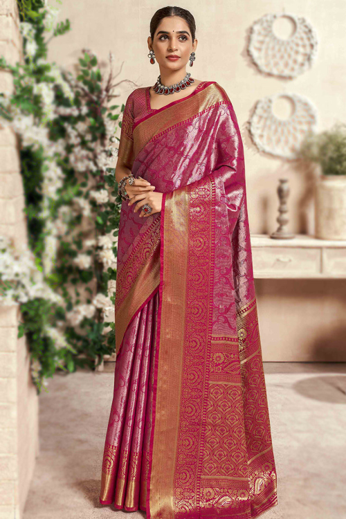 Silk Broad Border Dark Pink Weaved Zari Saree 
