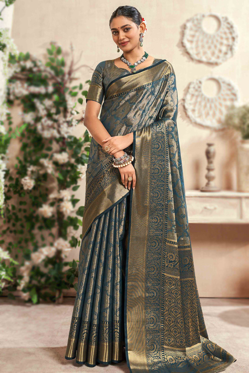 Silk Broad Border Dusty Blue Weaved Zari Saree 