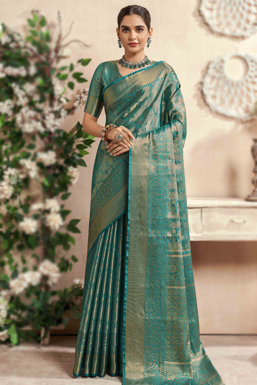 Silk Broad Border Persian Green Weaved Zari Saree 