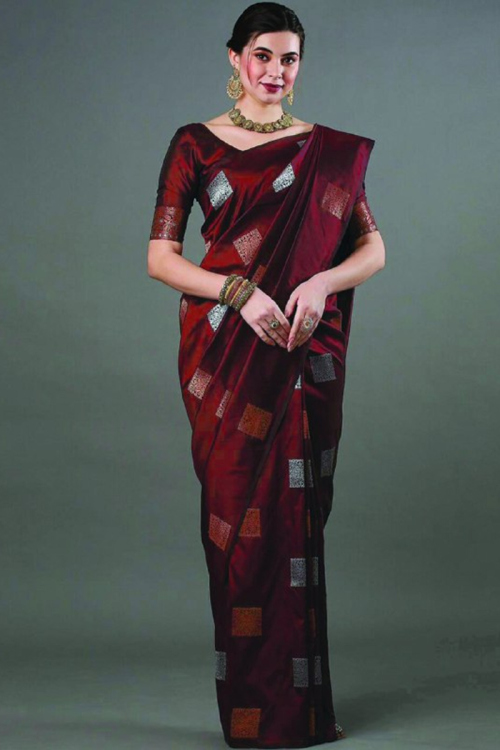 Silk Burgundy Maroon Woven Zari Banarasi Style Saree 