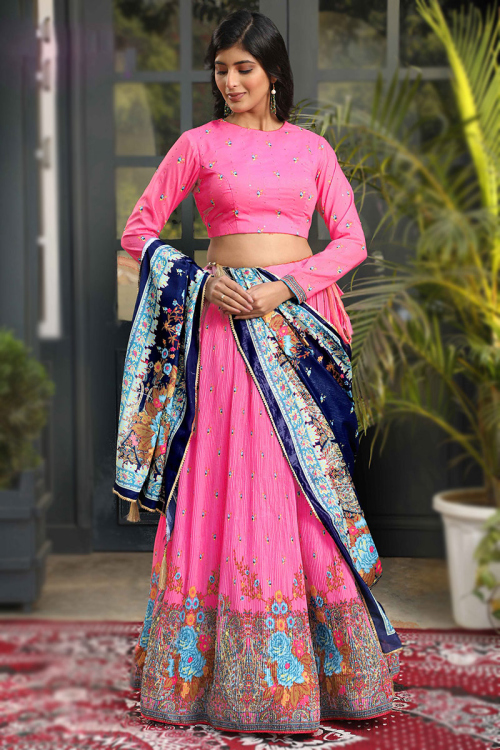 Silk Carnation Pink Printed A-line style Lehenga 