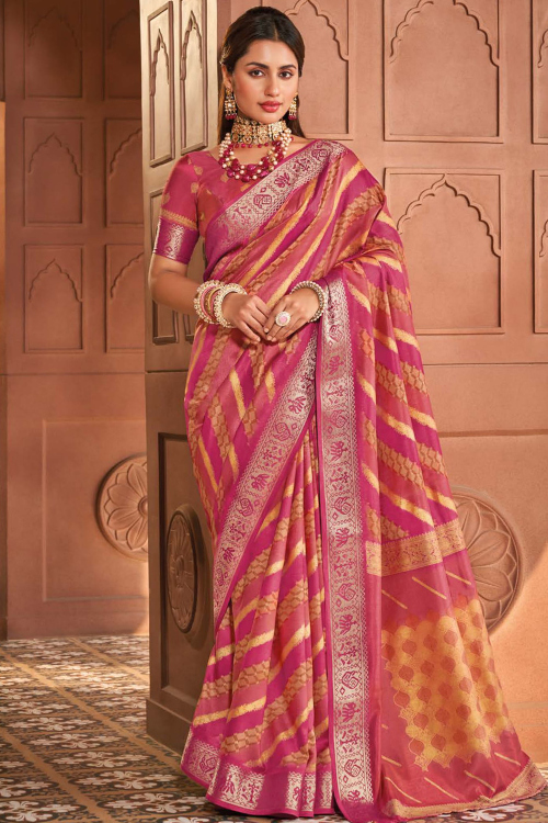 Silk Cerise Pink Printed Festival Wear Saree 