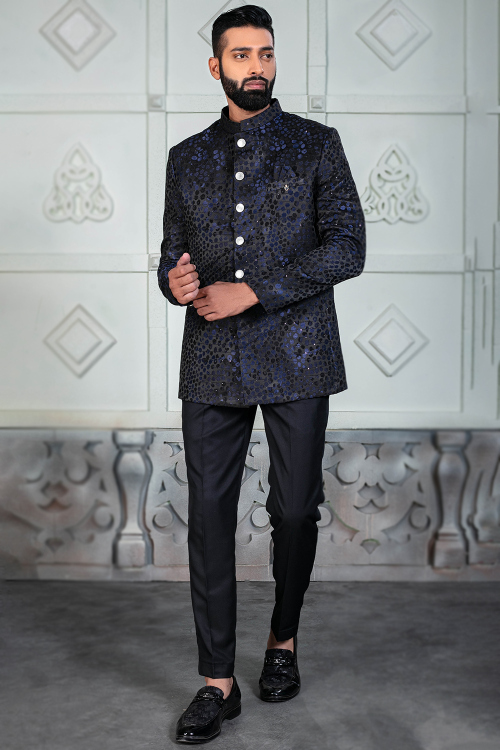 Silk Charcoal Grey Men's Jodhpuri Weaved Sherwani