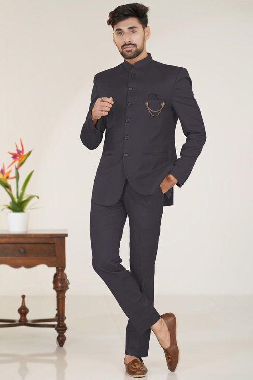 Elegant Plain Charcoal Jodhpuri Silk Coat Pant