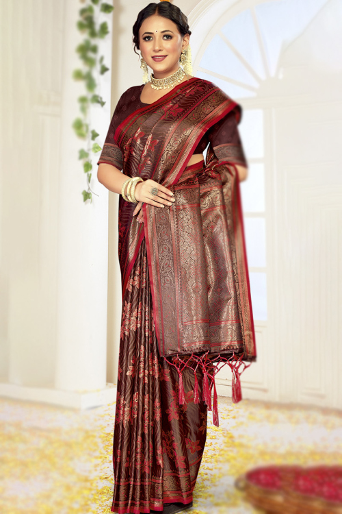 Silk Cherry Red Handloom Weaved Saree