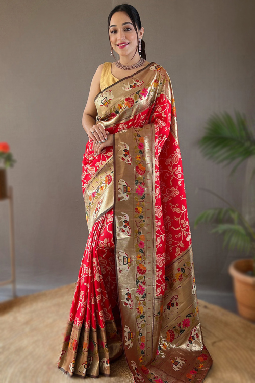 Silk Cherry Red Weaved Thread Broad Border Saree