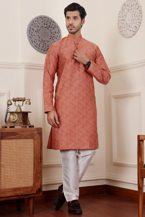 Silk Coral Pink Straight Cut Men's Printed Kurta Pajama