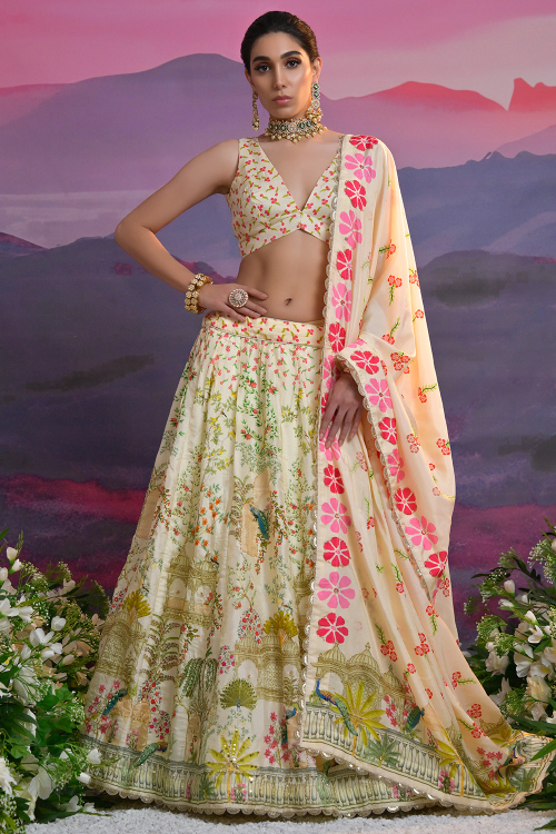 Silk Blend Cream Beige Flared Style Lehenga With Printed Work