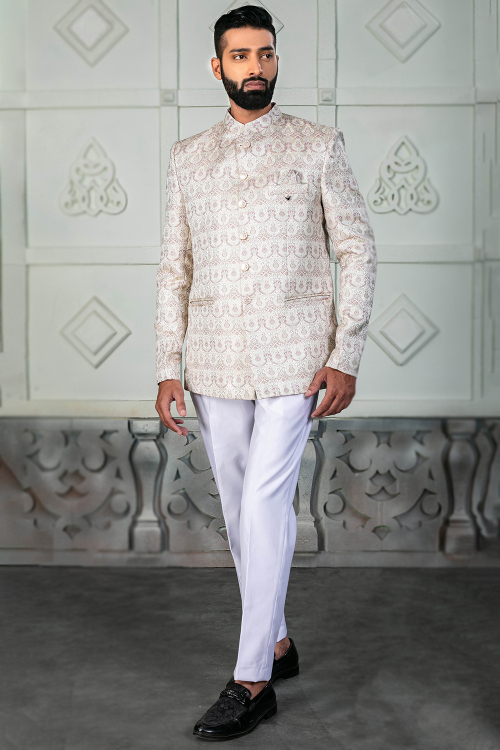 Silk Cream Beige Men's Jodhpuri Weaved Thread Sherwani