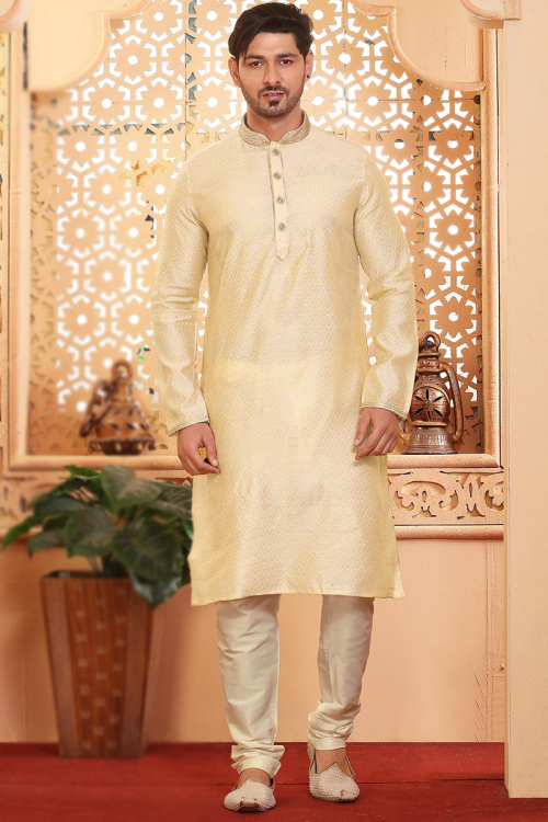 Silk Cream Beige Weaved Thread Men's Straight Cut Kurta Churidar