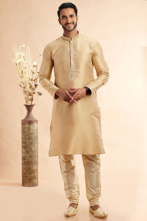 Silk Cream Beige Weaved Thread Straight Cut Men's Kurta Churidar