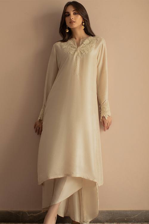 Silk Cream Embroidered Straight Cut Palazzo Suit 