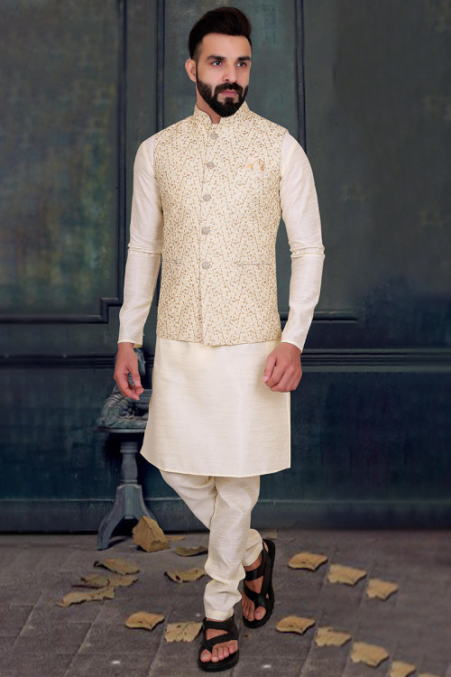 Cream colour kurta deals pajama with jacket