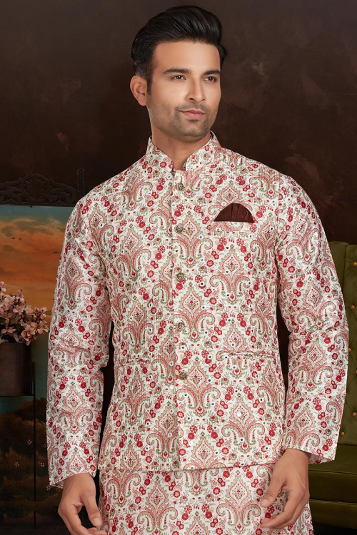 Silk Cream Printed Traditional Men's Waist Coat 
