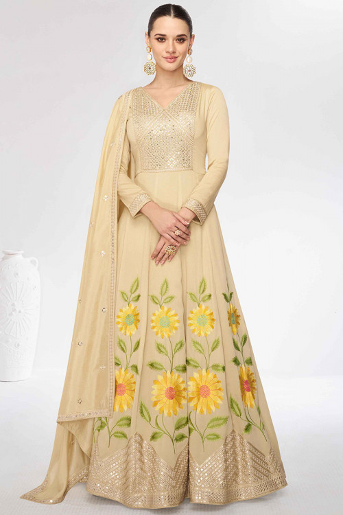 Silk Cream Sequins Embroidered A Line Anarkali Suit