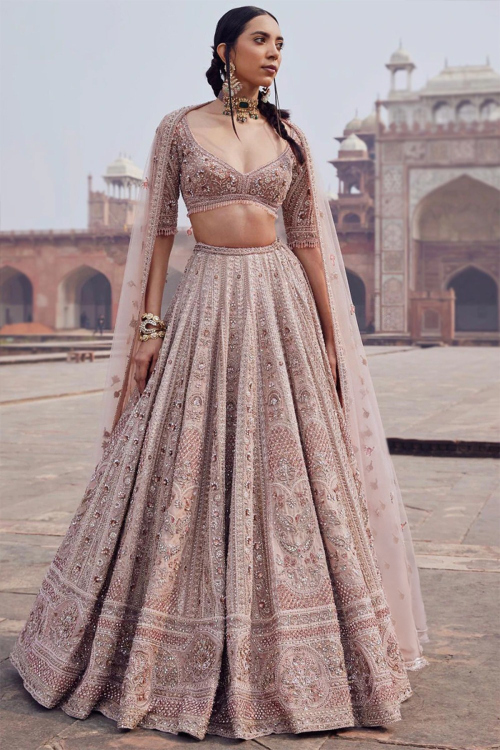 Silk Creamy Pink Embroidered Panelled Style Lehenga