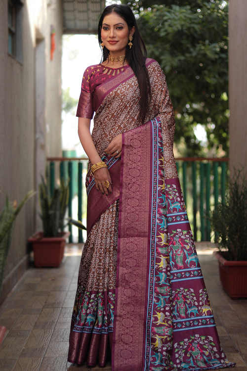 Silk Dark Brown Bandhej Printed Saree 