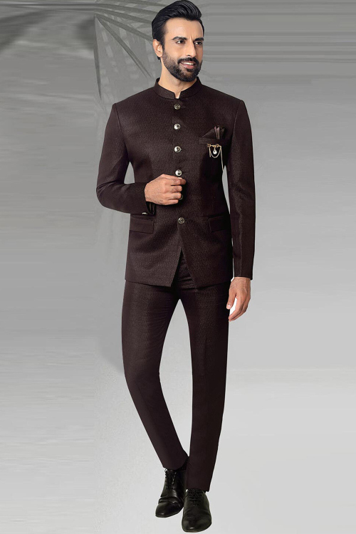 Silk Dark Brown Plain Jodhpuri Style Men's Coat Pant