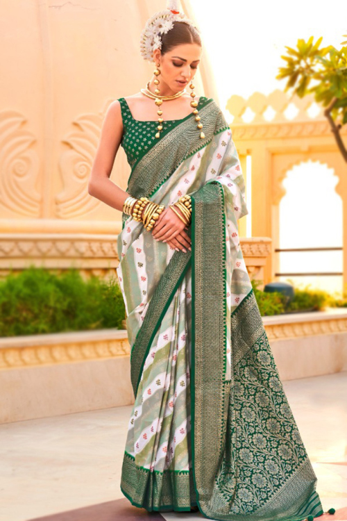 Silk Dark Green Foil Printed Sangeet Saree 