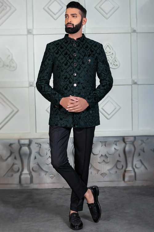 Silk Dark Green Men's Jodhpuri Weaved Thread Sherwani