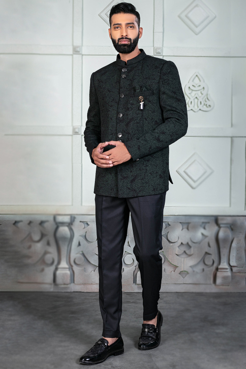 Silk Dark Green Men's Jodhpuri Weaved Thread Sherwani
